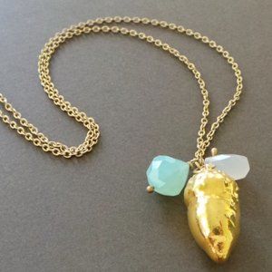 Gold Dipped Acorn Chalcedony Pendant Long Necklace